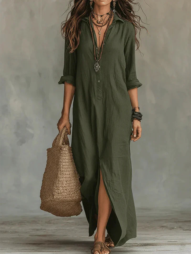 Selena™ | Abito Maxi Nero Lungo con Bottoni
