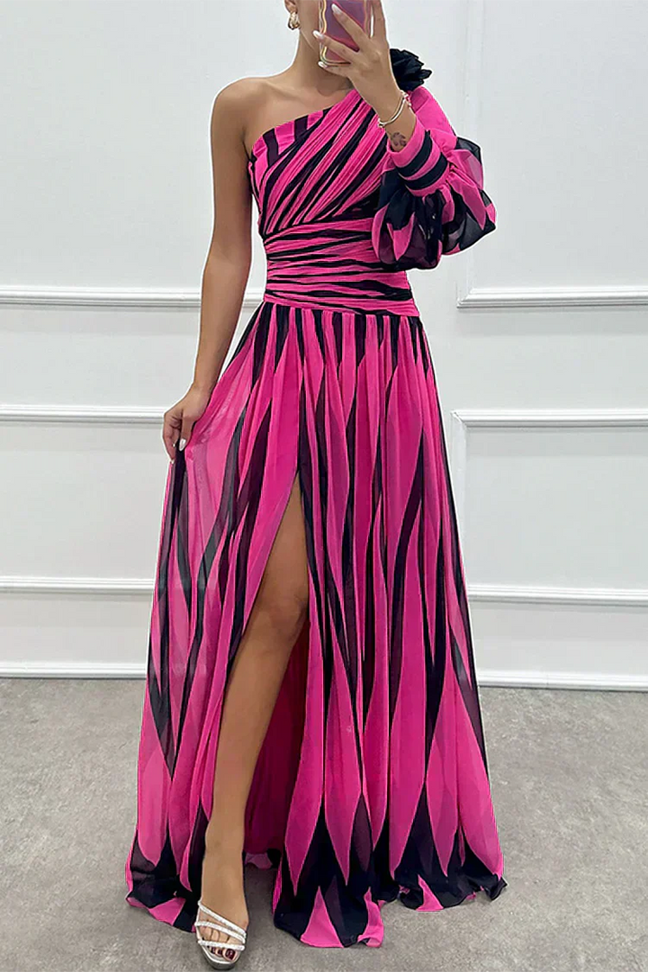 Hazel™ | Abito Maxi Elegante a Righe con Spalla Scoperta