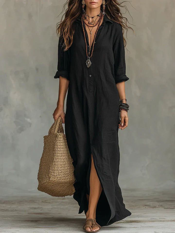 Selena™ | Abito Maxi Nero Lungo con Bottoni