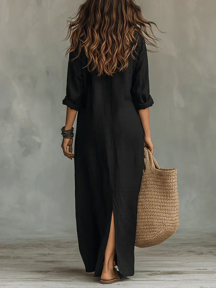 Selena™ | Abito Maxi Nero Lungo con Bottoni