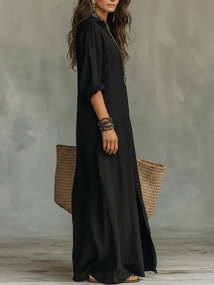 Selena™ | Abito Maxi Nero Lungo con Bottoni