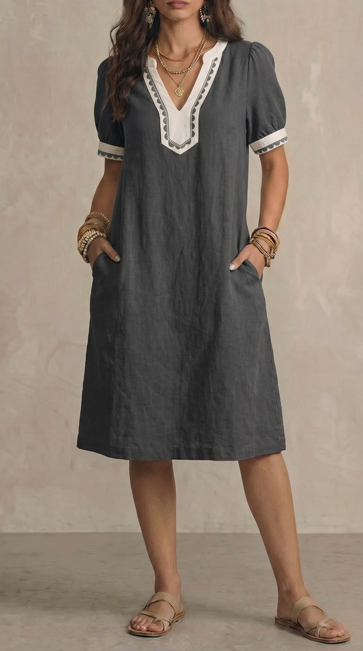 Loose-fit Patchwork Lace Cotton Short-sleeve Dress