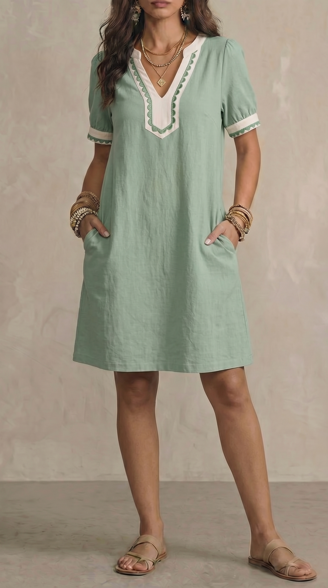 Loose-fit Patchwork Lace Cotton Short-sleeve Dress