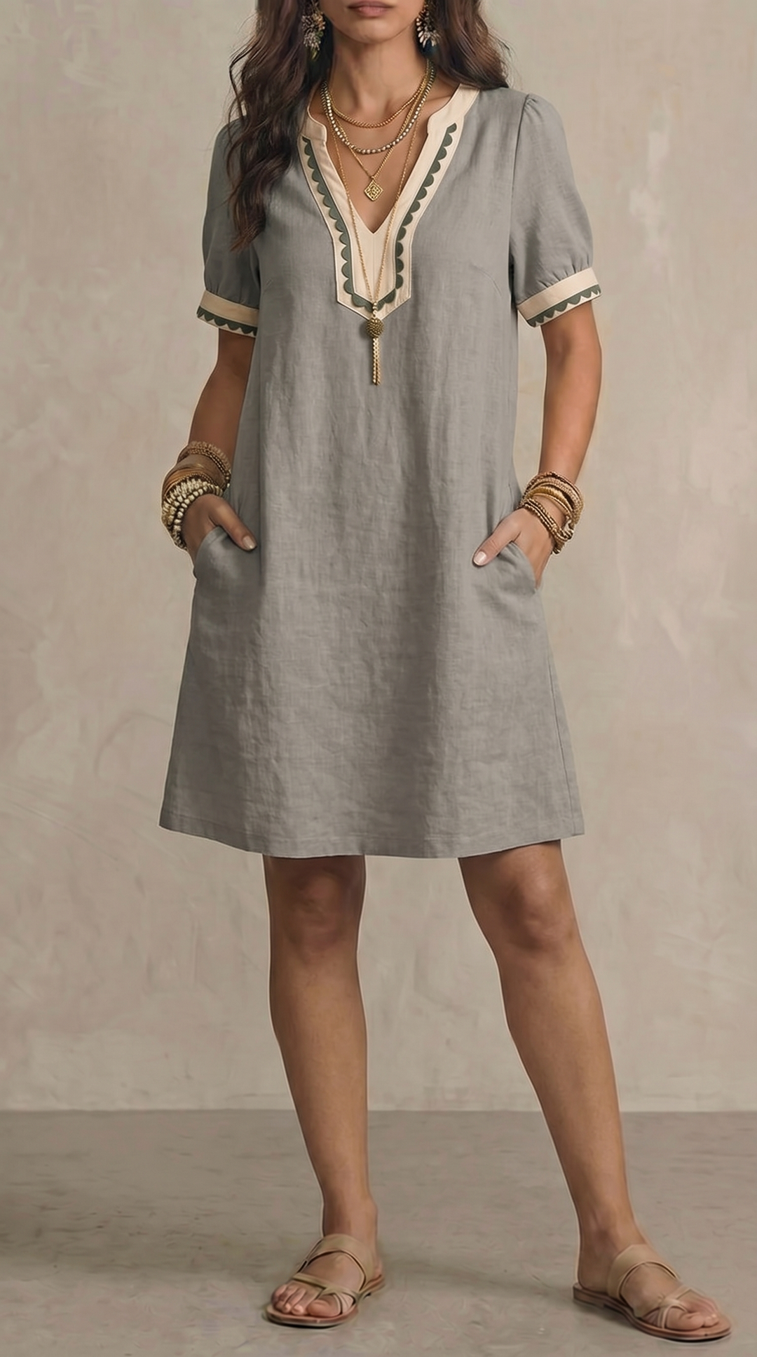Loose-fit Patchwork Lace Cotton Short-sleeve Dress