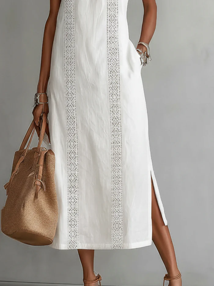 Ruth | Abito Maxi in Stile Lino con Collo Mao