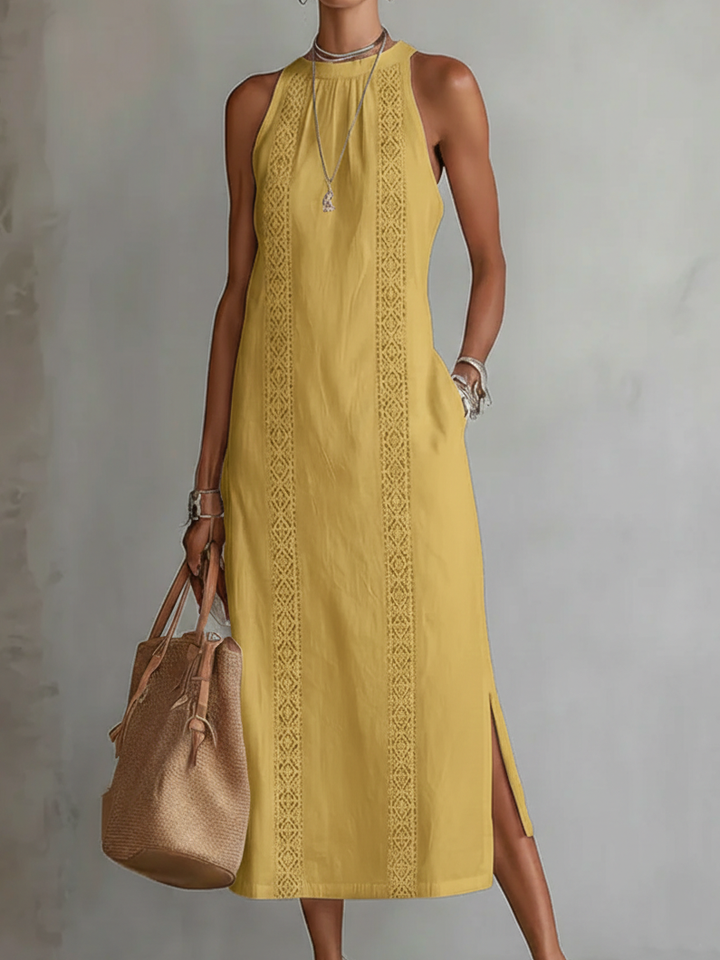 Ruth | Abito Maxi in Stile Lino con Collo Mao